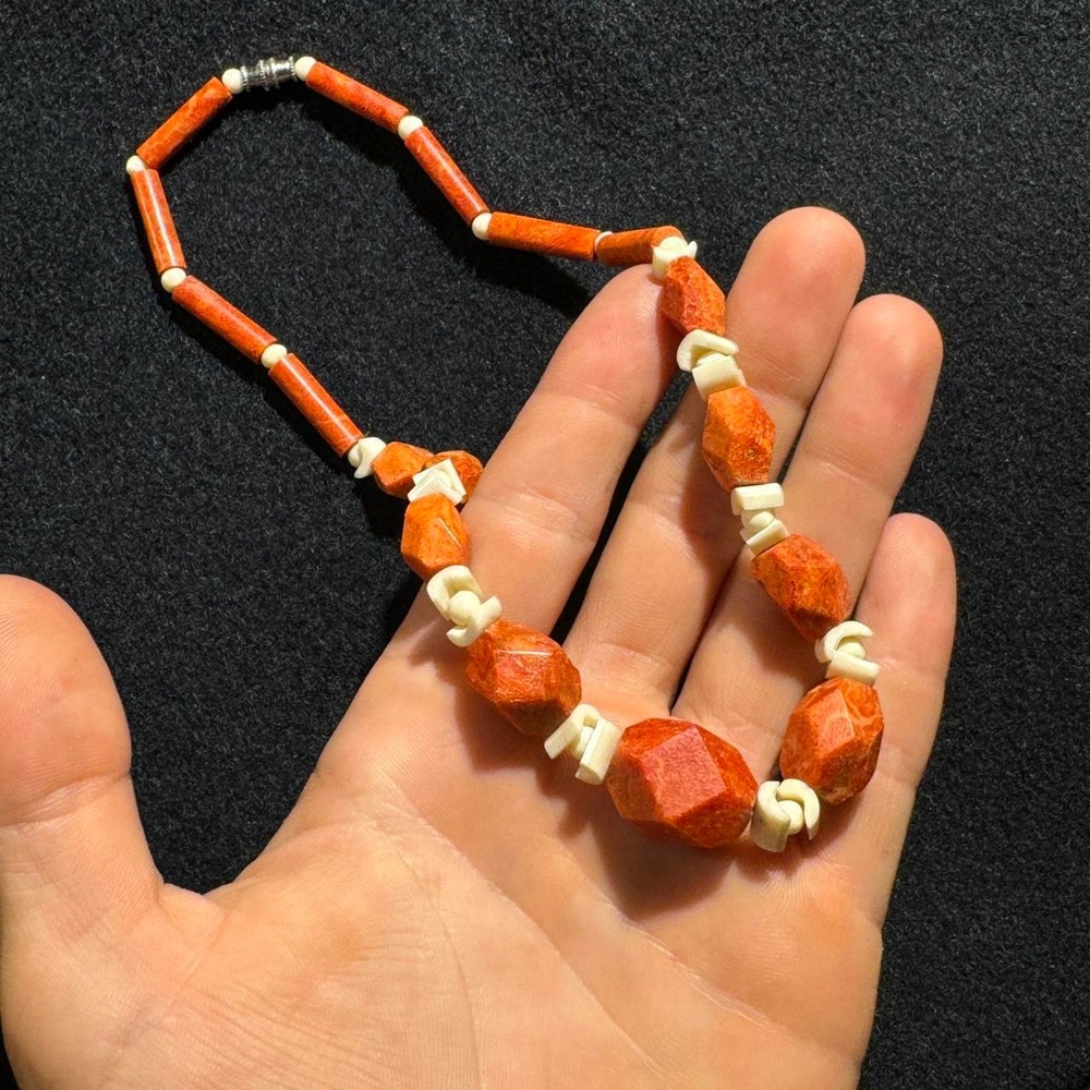 Vintage Boho Orange Faceted Bead Statement Necklace Cream Accents Barrel Clasp